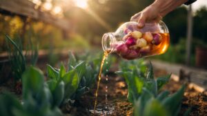 Illustration of onion peels steeped into a sulphur-rich infusion and applied to garden plants to revive growth