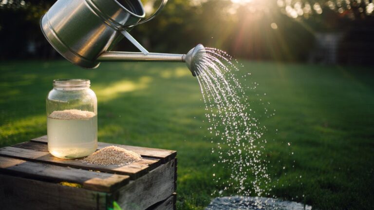 Illustration of diluted rice water being sprayed onto a lawn to feed soil microbes and speed grass growth