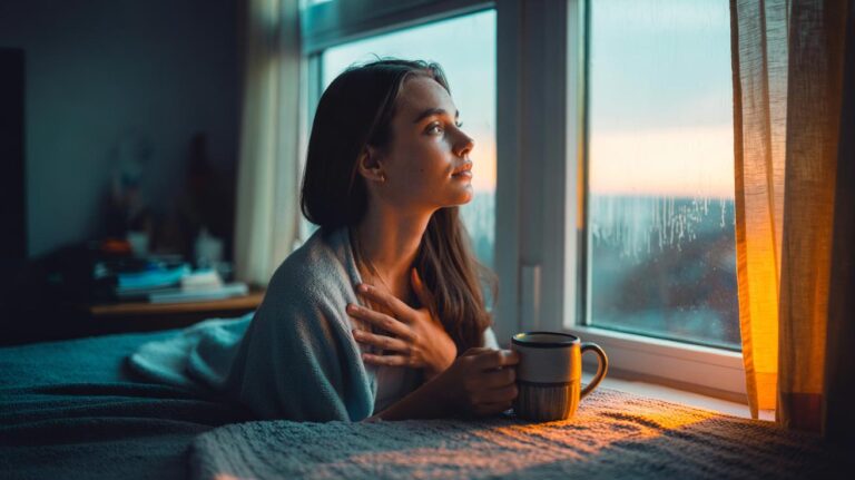 Illustration of using attention bias to trigger instant relaxation by shifting focus to breath, horizon gaze, and sensory details