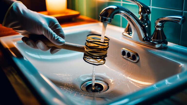 Illustration of a rubber band chain tool being twisted and released to clear hair and soap scum from a household sink drain